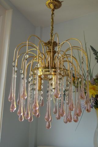 Vintage Italian Murano Pink Crystal Waterfall chandelier 3 Light.  LAST ONE 4