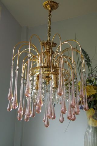 Vintage Italian Murano Pink Crystal Waterfall chandelier 3 Light.  LAST ONE 7