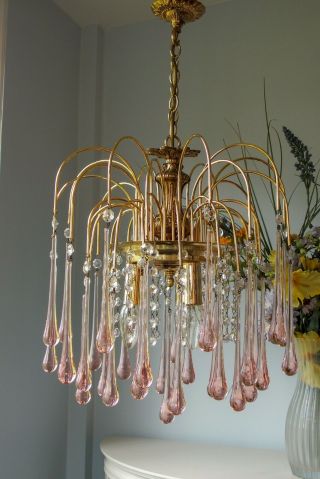 Vintage Italian Murano Pink Crystal Waterfall chandelier 3 Light.  LAST ONE 8