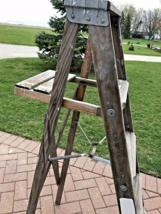 Antique Primitive Rustic Wood Folding Ladder Step Stool 5 Ft Decor