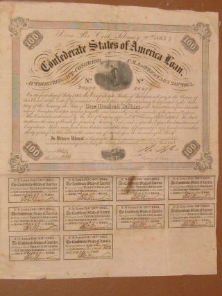 1863,  Confederate Bond,  Signed By Robert Tyler,  Includes 10 Interest Coupons