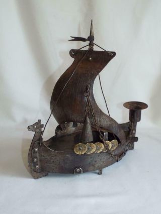Vintage Arts & Crafts Goberg Wrought Iron Viking Longship Smokers Companion