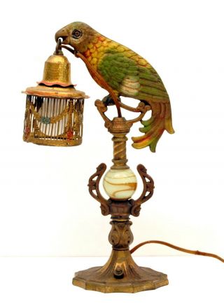 Vintage Cold Painted Art Deco Figural Parrot Lamp