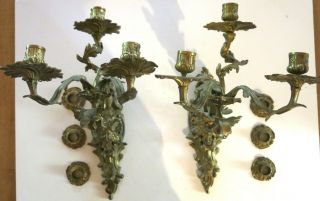 Victorian Bronze Wall Sconce Candelabras /three Arm Rococo Pair