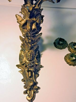 Victorian Bronze Wall Sconce Candelabras /Three Arm Rococo Pair 2