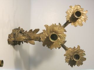 Victorian Bronze Wall Sconce Candelabras /Three Arm Rococo Pair 6