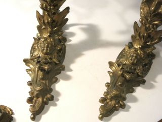 Victorian Bronze Wall Sconce Candelabras /Three Arm Rococo Pair 7