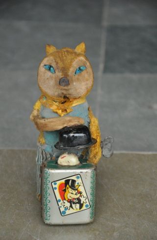 Vintage Textured Cloth Litho Fox Magician Wind Up Tin Toy,  Japan