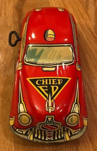 Vintage Marx Official Fire Chief Tin Litho Wind Up Toy Car - Made In USA 2