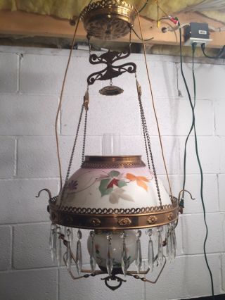 Victorian Manhattan Brass Co.  Hanging Parlor Lamp Light Motor Library Prisms 11