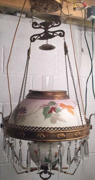 Victorian Manhattan Brass Co.  Hanging Parlor Lamp Light Motor Library Prisms