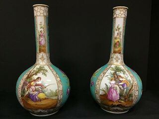 Hand Painted Dresden Meissen Ar Vases Pair 19th C Helena Wolfsohn Lamp Drilled