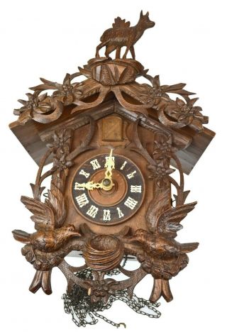 Antique Black Forest 15 " Cuckoo Clock,  Nesting Birds,  Chamois,  Edelweiss Theme.