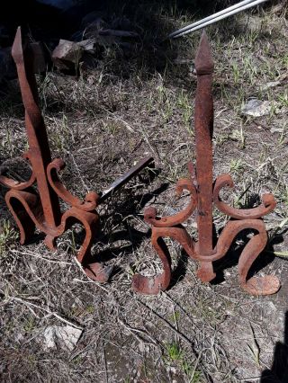 Antique Wrought Iron Fireplace Andirons.  Blacksmith Hand Made.  Vintage Fireplace
