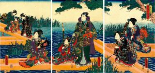 Edo Era Kunisada Japanese Woodblock Triptych “prince Genji In The Palace Garden”
