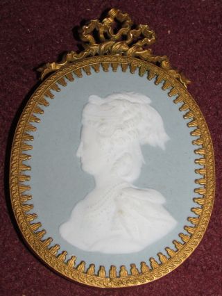 Antique French ? Miniature Porcelain Portrait Relief Plaque W Bronze Frame