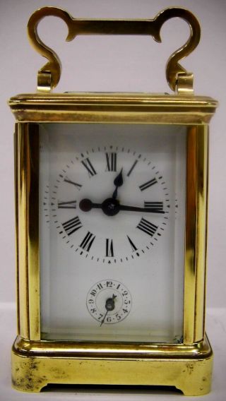 Antique French Carriage Clock W/ Alarm - Polished Brass Case - Runs - Very Small
