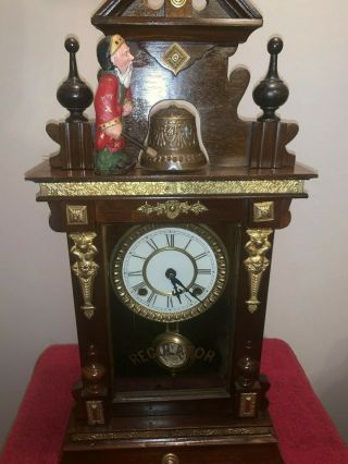Very Scarce Antique Clock - Monk Swings @ Brass Bell As Hours Count Off The Time
