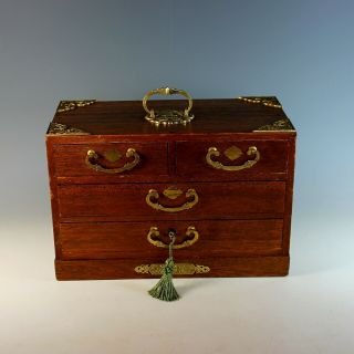 Antique Wood Jewelry Box With Handle,  Drawers And Key