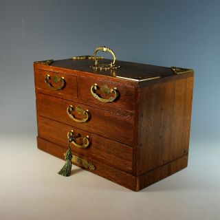 Antique Wood Jewelry Box with Handle,  Drawers and Key 2