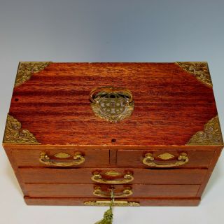 Antique Wood Jewelry Box with Handle,  Drawers and Key 3