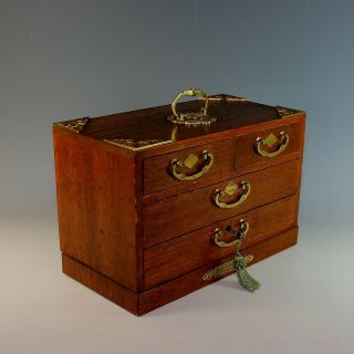 Antique Wood Jewelry Box with Handle,  Drawers and Key 5