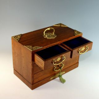 Antique Wood Jewelry Box with Handle,  Drawers and Key 6