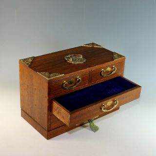 Antique Wood Jewelry Box with Handle,  Drawers and Key 7