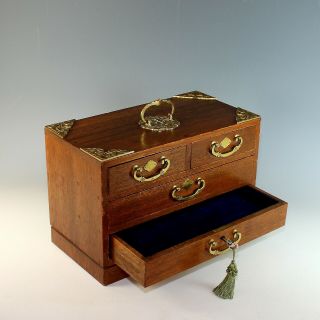 Antique Wood Jewelry Box with Handle,  Drawers and Key 8