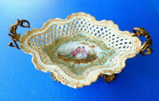Antique L Henry Sevres Porcelain Reticulated Bowl Gold Guilted Mounts 10 " Width
