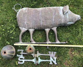 Vintage Large Antique Pig Weathervane With Ball And Directionals 30” Long Copper 3