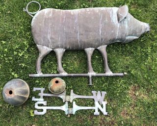 Vintage Large Antique Pig Weathervane With Ball And Directionals 30” Long Copper 4