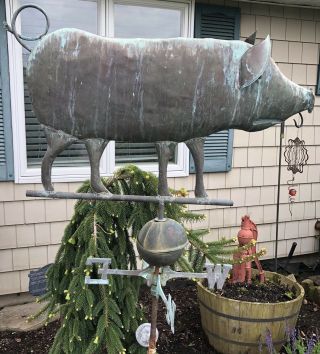 Vintage Large Antique Pig Weathervane With Ball And Directionals 30” Long Copper 7