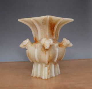 Vintage Chinese Carved White Jade Vase Zun W/four Sheep