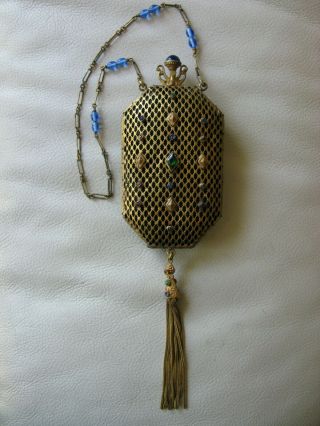 Antique Victorian Gold Tone Filigree Jeweled Clasp Tassel Purse Trinity Plate