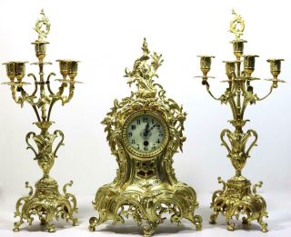 Large Antique 19th C French Gilt Pierced Bronze Mantle Clock Garniture Set