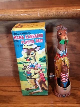 Vintage 1960’s Tps Kangaroo With Baby Tin Baby Mib - Boxed