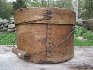 Antique 19thc Pantry Box With Copper Nails Bail Handle Great Lid Primitive/ Aafa