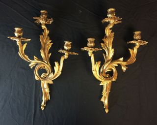 French Style Rococo Brass Candle Wall Sconces 3 Arm Candelabras