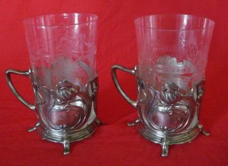 Two Art Nouveau Wmf Silver Plate Glass Holders With Glass