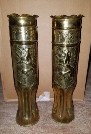 Wwi Trench Art 75mm Artillery Shell Embossed " Ypres " W/ Lions No Res