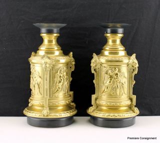 Vintage Large Ornate Brass Mantle Candle Holders Cherubs High Relief