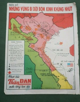Vintage North Vietnamese Army Newspaper Map " The Most Fierce Dropped Bomb Areas "