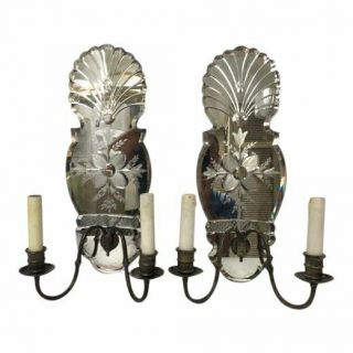 Vintage Etched Beveled Mirrored Sconces,  Pair