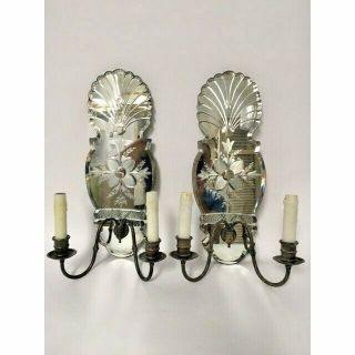 Vintage etched beveled mirrored sconces,  pair 5