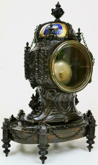 Rare Antique French 8 Day Bronze & Sevres Porcelain Gothic Style Mantel Clock 10