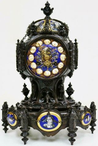 Rare Antique French 8 Day Bronze & Sevres Porcelain Gothic Style Mantel Clock