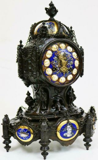 Rare Antique French 8 Day Bronze & Sevres Porcelain Gothic Style Mantel Clock 2
