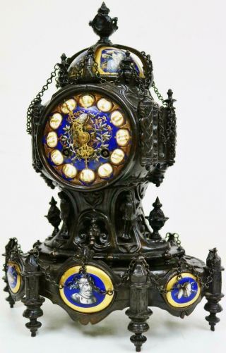 Rare Antique French 8 Day Bronze & Sevres Porcelain Gothic Style Mantel Clock 3