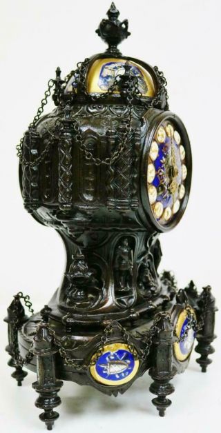 Rare Antique French 8 Day Bronze & Sevres Porcelain Gothic Style Mantel Clock 4